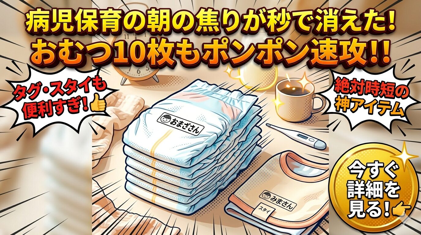 【はんこDEネームレビュー】病児保育の朝の焦りが消えた！おむつ10枚もポンポンOK、タグ・スタイにも使えて便利すぎた
