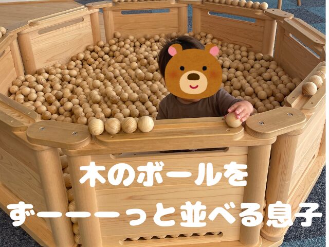 木のボールを並べたり転がったり